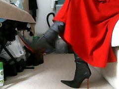 Red midi skirt and pointed Italian thigh high boots