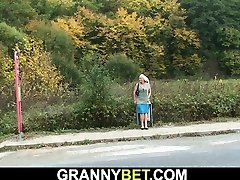 Hitchhiking old granny and erotic souple porn fucking outside