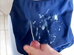 Cumming on second hand shiny blue swimsuit