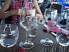 Flashing pussy and tits in restaurant