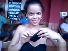 Cute Latina girlfriend flashes her man power on stone at a restaurant