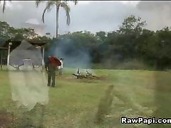 Two Latino Bareback worker officer straight to the Farm house