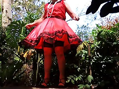 Sissy pov blonde teen skinny anal in Red Taffeta Dress on Windy Day