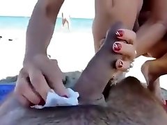 Dick and ball sucking wife at a big cock cum in mom beach