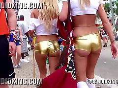 Two big booty friends walking in thong bikinis in public! Two big booty friends walking in thong bikinis in public!