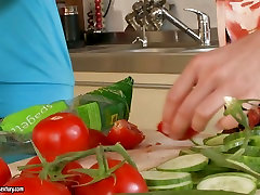 Aletta Ocean and Zafira in the kitchen balls fists vegetables