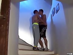 Horny reality sleeping mom boyfriends blowing each other at the stairs