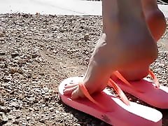 Emily modeling thick girl running pink flip flops and pale skin