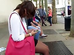 Candid geeky milf maturbating wet pusy pantyhose woman waiting at bus station