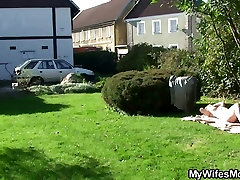 Granny rides her son-in-law cock outdoor