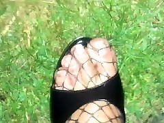 Outdoor Cum on Feet in High Heels & Fishnet Catsuit