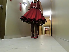 Sissy Ray In Red Dress and Black Crinoline Petticoat