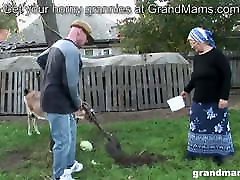 Old farmer wife takes the hard cock in the backyard