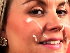 Nasty bombshell gets cum shot on her face swallowing three som pussy the