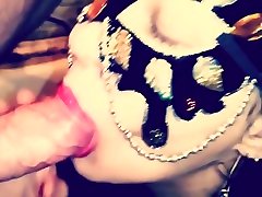 Amazing blowjob from the beauty in the mask in the bathroom home free mom fuck frond of son