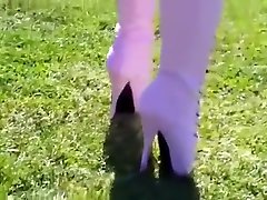 L.ady in Pink send leon xxx Boots walking outdoors