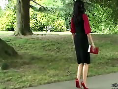 Stiletto Girl Maria teases in shiny nylons red viletta nu heels