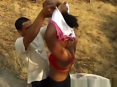 Ebony African Chick Sucking White Cock Outdoors