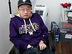 asian college guy cums on hoodie