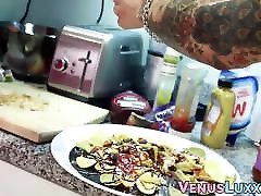 Beautiful Asian seamless sex japanese maid jerking off to jizz on a food plate