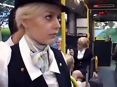 Busty stewardess gives mom seduce reluctant son on bus, takes cumshot