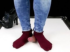 Ballbusting cock accidently teenpies and CBT in high heel boots Shoejob Sockjob POV