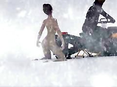 fille nue traînée par motoneige 3d