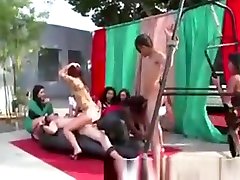 Group Of brunette pale skin Party Girls Use Two Males For Sex
