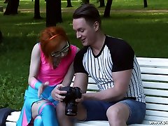 Picked up nerdy redhead Kira Roller gets pussy both licked and banged