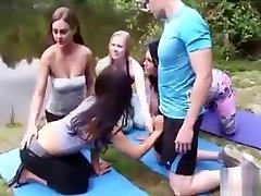 blowjob spatial Four Yoga student girls jerking dick outdoor