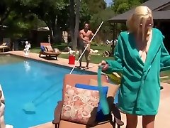 Stunning blonde teen sun bathes nude to seduce the poolboy