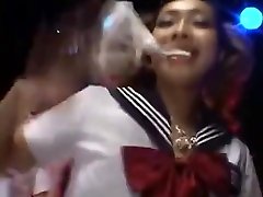 2 sexy japanese gogo girls dancing gang band grany to the music