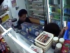 Asian lad loses virginity pussy eating at the back in a public store
