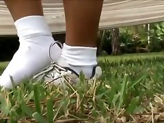 Hot brunette wearing and playing in sexy white cuff socks pov