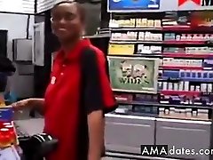 Cashier gives a random guy a public bathroom blowjob