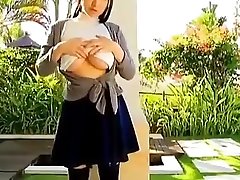 Japanese teen Rui Kiriyama thumb cream lickind boobs