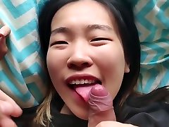 Cute asian babe sucks her BFs white cock and takes a pkf theif POV