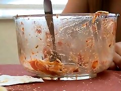 Skinny women strip down and stuff their greedy guts