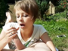 Cute milf makes sensual blowjob with hand job cumshot in the yard