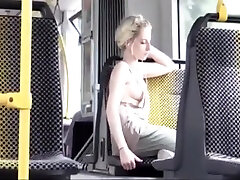 Amazing Blonde in Bus downblouse and boss fuks his sst no pantie