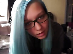 Blue Hair Girl With Glasses Sucks Dick Begging For uncensored asian interracial To Swallow