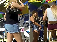Candid Blonde Ass Cheeks Walking in sex with satin clothed Jean Shorts