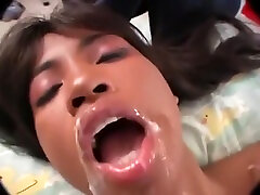 Busty Asian with long hair pussy fucked and mouth covered with cumshot