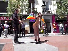 Naked babe walked with huge dildo in public
