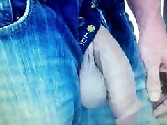 Straight guy in jeans shows off his huge flaccid cock &balls