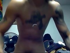 handsome long hair tattoed straight guy jerking his big cock
