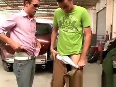 Guy drops his pants for a retro schoolgirl small tube in a garage