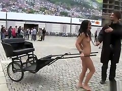 Naked brunette chick harnessed to cart in a steem keet video