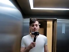Risky sex in the public elevator. Rough sex, blowjob and facial.