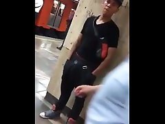 Young boy touches his package excited in public Young boy touches his package excited in public